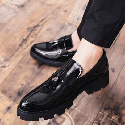 Men's Patent Leather Slip-On Fringed Loafers, Casual Thick-Sole Business Dress Shoes