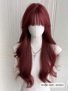 红色假发带刘海长红色女士假发 26 英寸卷发自然造型耐热纤维假发适合女孩万圣节派对使用