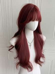 红色假发带刘海长红色女士假发 26 英寸卷发自然造型耐热纤维假发适合女孩万圣节派对使用