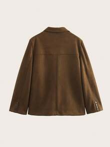 Women's Solid Color Notched Collar Long Sleeve Faux Suede Single-Breasted Blazer Jacket - Brown - View 2