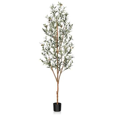 6FT Artificial Olive Tree With Realistic Leaves And Natural Trunk, Silk Fake Potted Tree With Wood Branches And Fruits, Faux Olive Tree For Office Home Decor