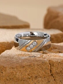 1枚18K镀金不锈钢立方氧化锆条纹图案男士戒指，时尚珠宝礼品 - 戒指 - 查看 4