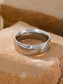 1枚18K镀金不锈钢立方氧化锆条纹图案男士戒指，时尚珠宝礼品 - 戒指 - 查看 3