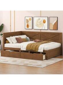 Twin Size Wood Daybed With 2 Drawers And Rustic Guardrail, Ancient Brown(Expected Arrival Time: 8.28),Youngth