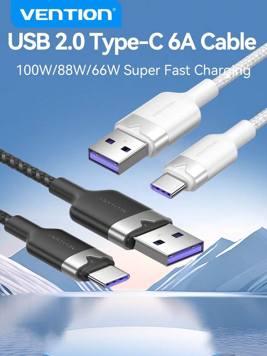 VENTION 100W USB A 至 USB C 充电器线 6A PD 快速充电数据线尼龙编织 C 型线兼容 Iphone 15/15 Plus/15 Pro Max/Pro Galaxy S22/21/20/Note20 兼容 Apple 笔记本电脑 - 彩色 - 查看 1