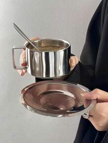 1件小众设计不锈钢咖啡杯碟下午茶高档咖啡杯碟套装复古精致杯碟