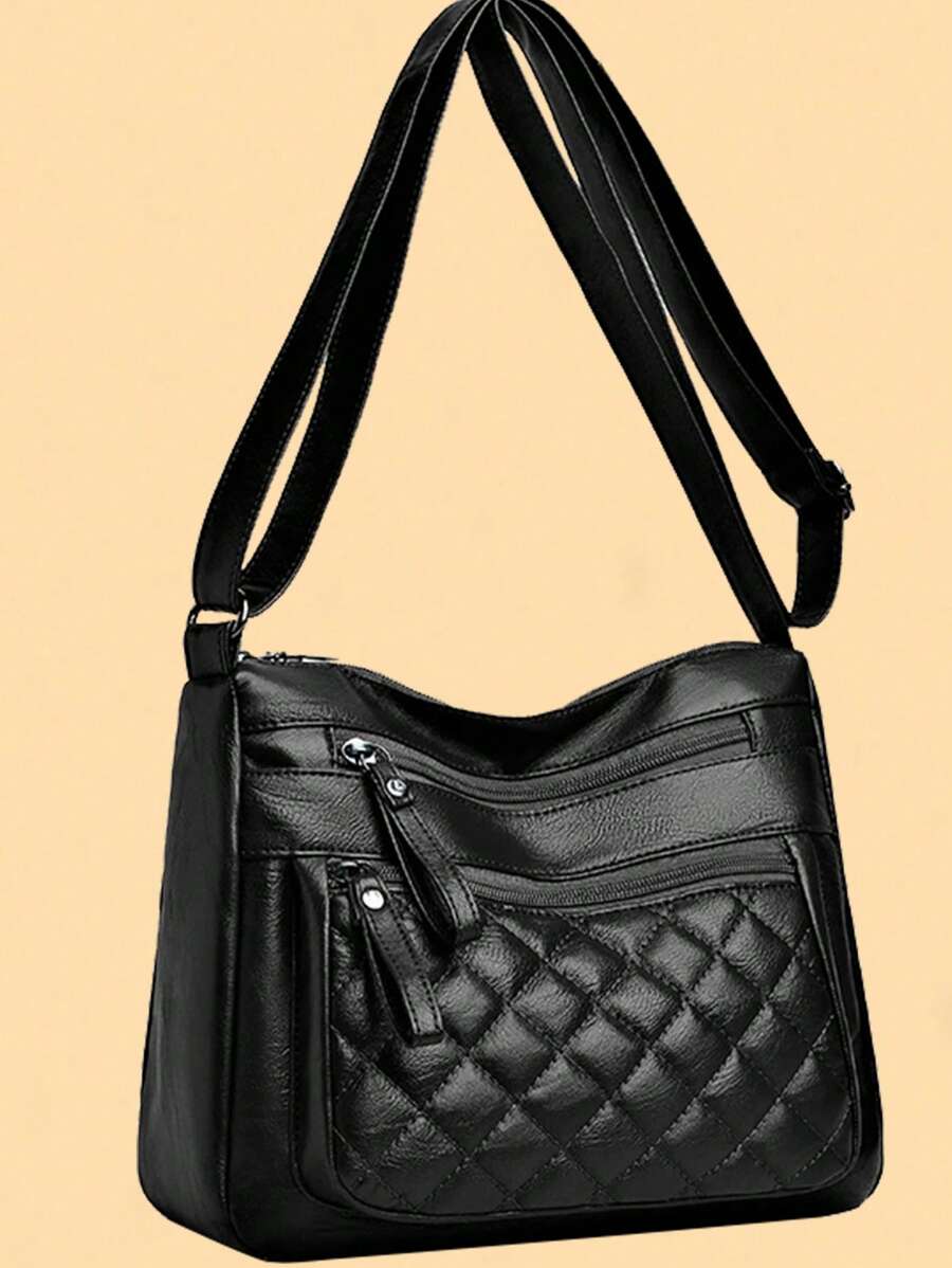 新款全包大气中年女士包妈妈包多层软皮斜挎包婆婆包斜背包 - 黑色 - 查看 1