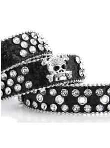 Cinto de Couro de Moda de Rua Brilhante Feminino com Decoração de Caveira e Strass, Verão, Escola, Outono, Halloween