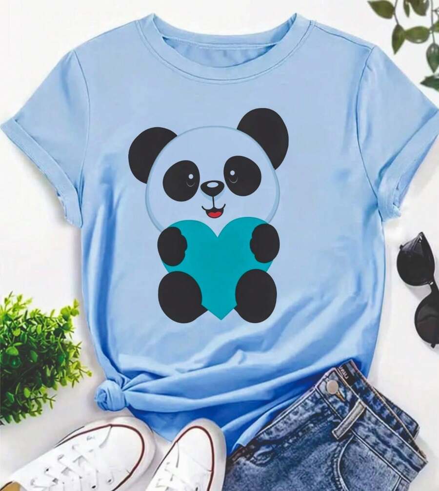 Women's Baby Look Panda Bear T-Shirt - 藍色 - 查看 1