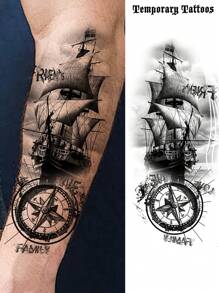 1 张黑色家庭友谊海盗船指南针导航万圣节临时纹身适用于女性男性成人手臂腿大腿前臂袖子小腿，3D 防水持久逼真假纹身贴纸 - 黑色 - 查看 1