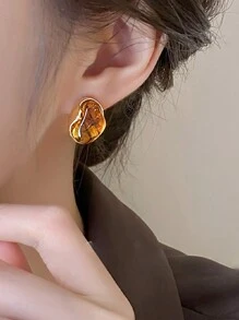 3 Pairs Vintage Amber-Color Resin Alloy Ear Studs, Suitable For Women's Daily Wear Jewelry, Christmas Gift, Holiday Gift, Singles Party Gift
