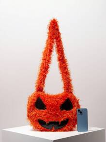 朋克风格万圣节南瓜毛绒斜挎包，时尚奇特的单肩包，适合派对和节日（随机图案） - 橘色 - 查看 3