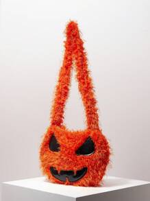 朋克风格万圣节南瓜毛绒斜挎包，时尚奇特的单肩包，适合派对和节日（随机图案） - 橘色 - 查看 2