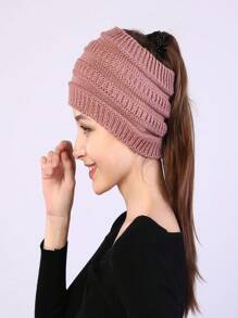 1pc Solid Knit Hat  Autumn And Winter Ladies Knitted Headband Widened Face Wash Head Cover Empty Top Ponytail Wool Hat - A - View 4