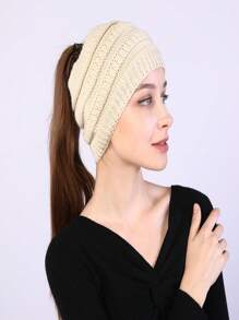 1pc Solid Knit Hat  Autumn And Winter Ladies Knitted Headband Widened Face Wash Head Cover Empty Top Ponytail Wool Hat - A - View 6