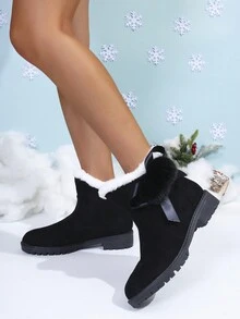 Women's Fashionable Winter Boots Featuring Fur Pom Pom, Bow Details, Warm Lining, High Heel - Black - View 4