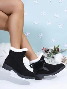 Women's Fashionable Winter Boots Featuring Fur Pom Pom, Bow Details, Warm Lining, High Heel - Black - View 2