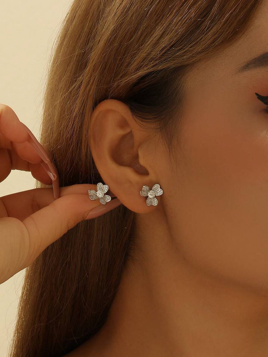 1 cặp bông tai đinh tán bạc Sterling CZ tối giản thanh lịch dành cho phụ nữ, đeo hàng ngày, tiệc tùng, đám cưới, quà tặng kỷ niệm - Bạc - Xem 1