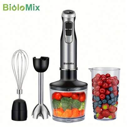 BioloMix 4 In 1 High Power 1200W Immersion Hand Stick Blender Mixer Includes Chopper And Smoothie Cup Stainless Steel Ice Blades