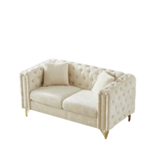 60-Inch Chenille Pull Buckle Design Sofa For Living Room, Buttons Tufted With Copper Nail Decoration Armrest, Modern Couch Upholstered Button And Metal Legs - 米色+雪尼爾+泡沫+2座如圖 - 查看 4
