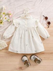 1 件女婴中国风立领刺绣婴儿连衣裙，优雅宫廷风婴儿春秋装，新生儿生日新年服装 - 杏色 - 查看 2