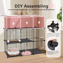 BriSunshine Katzenkäfig für drinnen, 3-stufige DIY Katzengehege mit Großem Hängemattenbett, Metall-Draht Katzenhaus Zwinger mit Katzenklo, Katzenbett, Kratzern, Schüssel und Treppen für 1-2 Katzen