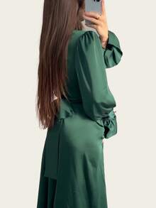 Women Long Modest Dress Lantern Sleeves High Neck Party Plain Color Gown Dress Casual Spring - Green - View 4