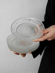 1 pieza Plato de vidrio vintage con relieve, plato de fruta de alta calidad y estética, plato para aperitivos, plato para el desayuno, bandeja de servir redonda para uso doméstico, regalo de Navidad - transparente - Ver 9