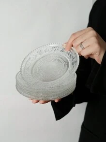 1 pieza Plato de vidrio vintage con relieve, plato de fruta de alta calidad y estética, plato para aperitivos, plato para el desayuno, bandeja de servir redonda para uso doméstico, regalo de Navidad - transparente - Ver 4