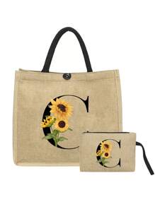 2pcs Linen Tote Bag Set, Including 1 Bag Printed With Letters A-Z And 1 Floral Printed Pouch, Sunflower Floral Print, Letter, Flower Pattern, Personalized Gift Packaging, Yellow Linen Black Tote Bag With Black Snap Closure, Bag Set - Khaki - View 21