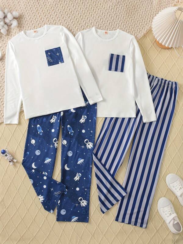 4 stuks/set Tween Boy Astronaut & Stripe Print Casual Pyjamaset, Loungewearset