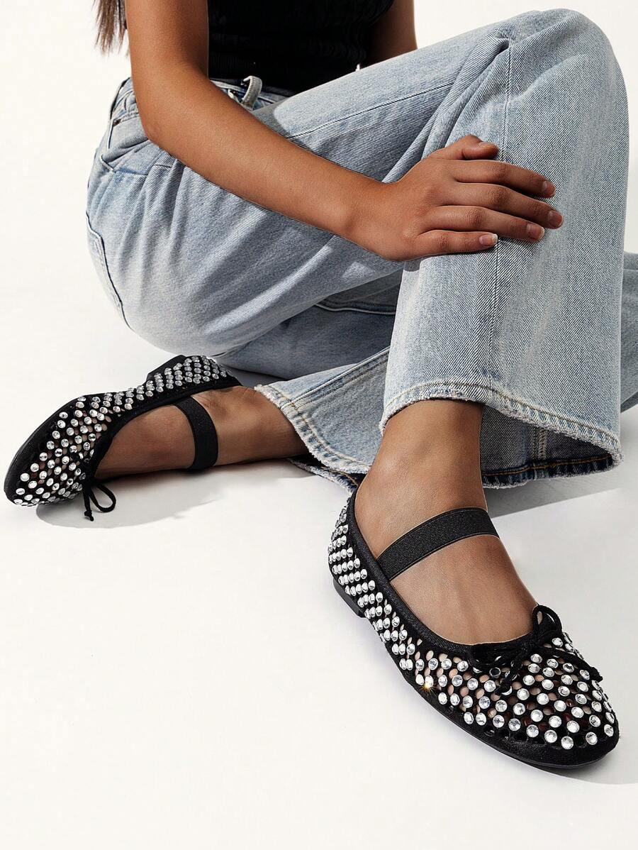 Women's Bow Knot Ballet Flat Mary Jane Round Toe Hot Diamond Hollow Out Upper Comfortable Fashionable All-Match Party Shine Dancing Flat Shoes - 黑色 - 查看 1