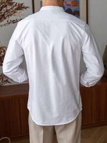 Camisa casual de negocios de manga larga con botones de unicolor para hombres, otoño - Blanco - Ver 3