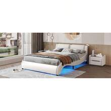 Queen Size Upholstered Faux Leather Platform Bed With LED Light Bed Frame With Slatted - White - 白色+實木+大床如圖 - 查看 13