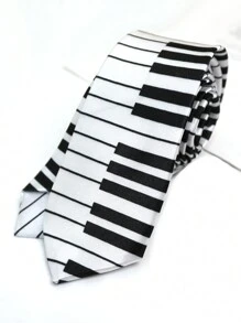 1pc Black & White Piano Keyboard & Music Note Print Necktie, Suitable For Casual, Street Style, Party - Multicolor - View 5