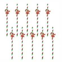 10pcs Christmas Gift Party Decoration Paper Straws With Christmas Gift Pattern - Multicolor - View 9