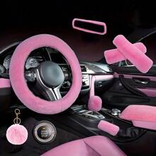 9 Pieces/Set Of New Plush Car Interior Kit: 1 Steering Wheel, 2 Plush Shoulder Protectors, 1 Armrest Box Stopper, 1 Pair Of Handbrakes, 1 Rearview Mirror Cover, 1 Rhinestone Starter Ring, 1 Leather Ball Keychain - 紅色 - 查看 5
