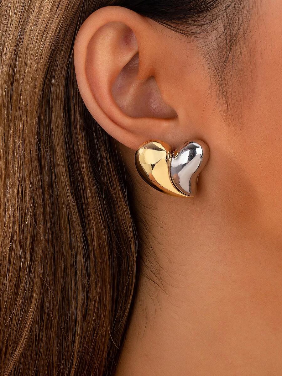 时尚优雅双色金属心形耳钉 - 彩色 - 查看 1