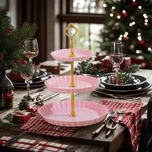 Christmas European Set Of 3 Pieces 3 Tier Dessert Stand Fruit Plate Cupcake Plastic White Cup Cakes Desserts Fruits Candy Buffet Serving Tray (Green Round 3pcs) - Pink - View 6