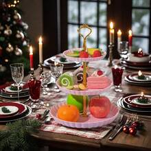 Christmas European Set Of 3 Pieces 3 Tier Dessert Stand Fruit Plate Cupcake Plastic White Cup Cakes Desserts Fruits Candy Buffet Serving Tray (Green Round 3pcs) - Pink - View 8