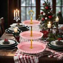 Christmas European Set Of 3 Pieces 3 Tier Dessert Stand Fruit Plate Cupcake Plastic White Cup Cakes Desserts Fruits Candy Buffet Serving Tray (Green Round 3pcs) - Pink - View 4