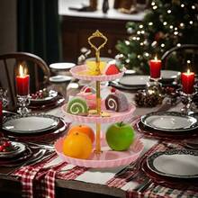Christmas European Set Of 3 Pieces 3 Tier Dessert Stand Fruit Plate Cupcake Plastic White Cup Cakes Desserts Fruits Candy Buffet Serving Tray (Green Round 3pcs) - Pink - View 1