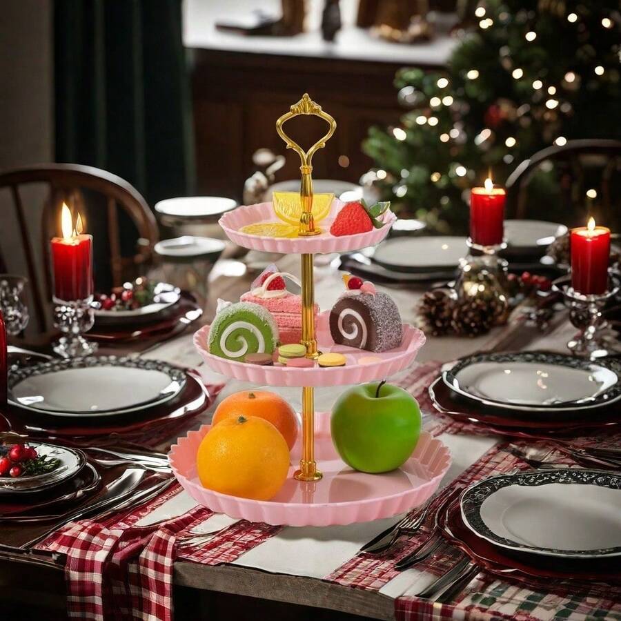 Christmas European Set Of 3 Pieces 3 Tier Dessert Stand Fruit Plate Cupcake Plastic White Cup Cakes Desserts Fruits Candy Buffet Serving Tray (Green Round 3pcs) - Pink - View 1