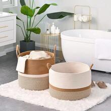 Large Blanket Basket (13.In * 13.8in), Baby Laundry Basket, Cotton Rope Blanket Basket For Living Room, Laundry Room, Day Care Center, Pillows, And Baby Toy Box (White/Brown) - 彩色 - 查看 6