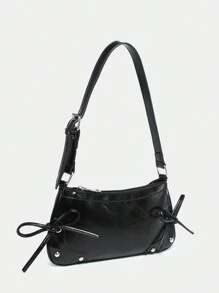 1 件复古肩带蝴蝶结装饰外露翻盖黄色豹纹单肩腋下法棍包，适合约会、郊游、派对