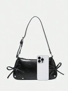 1 件复古肩带蝴蝶结装饰外露翻盖黄色豹纹单肩腋下法棍包，适合约会、郊游、派对