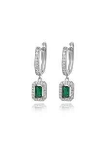 1 Pair 925 Sterling Silver Cubic Zirconia Green Rectangular Vintage Dangle Earrings, Fashionable & Simple Design, Suitable For Daily Wear - View 5