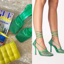 Tacones de aguja de malla con puntera cuadrada para mujer MUCCCUTE, sandalias sexy de tacón alto con cordones envolventes, color blanco 10cm - Verde - Ver 3