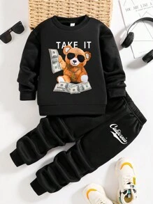 2 件套年轻男孩卡通印花保暖圆领运动衫和运动裤 - 黑色 - 查看 1