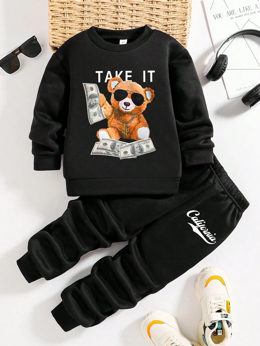 2 件套年轻男孩卡通印花保暖圆领运动衫和运动裤 - 黑色 - 查看 1